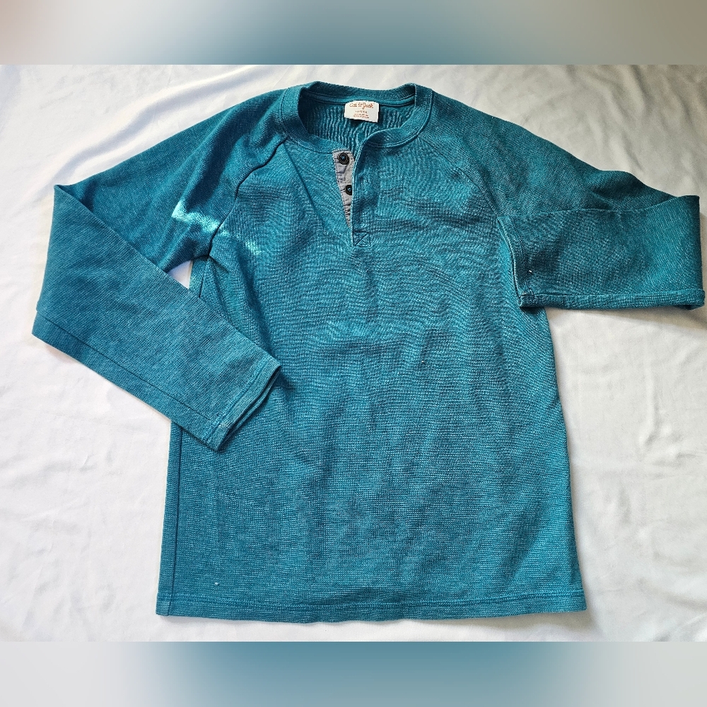 Cat & Jack Kids' Long-Sleeve Teal Waffle-Knit Henley Shirt- Large 12/14